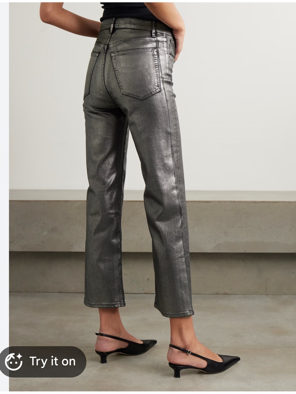 Zara Metallic Coated Straight Leg Jeans - Dark Silver / Gunmetal Grey Size 2 - Picture 1 of 6